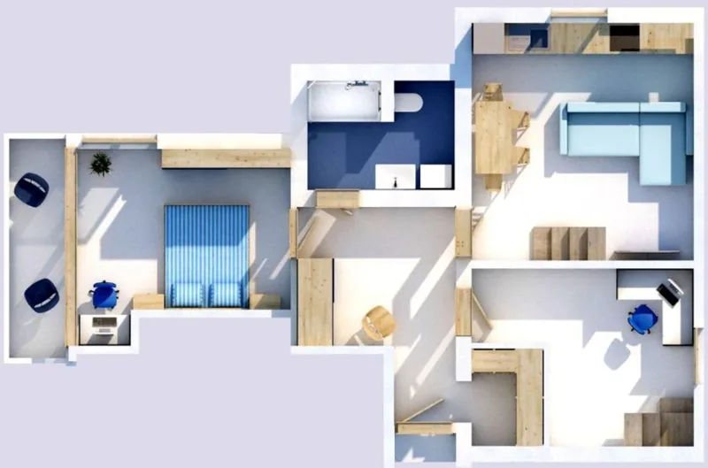 3D layout of sold 88 m² duplex apartment with terrace